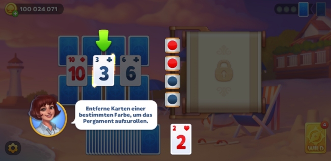 In einigen Solitaire-Levels kann die Hälfte der Karten auf dem Tisch von einer Pergamentrolle mit einem Schloss-Symbol verdeckt sein