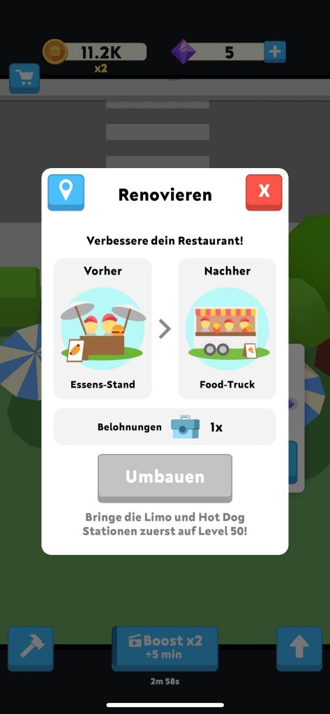 Ihr müsst erst alle Station eines Standes in Eatventure hochleveln, um einen weiten Bereich freischalten zu können (Screenshot aus meinem Spiel)