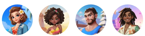 Das sind Sophia, Ava, Max und Elijah aus dem Spiel Tasty Travels